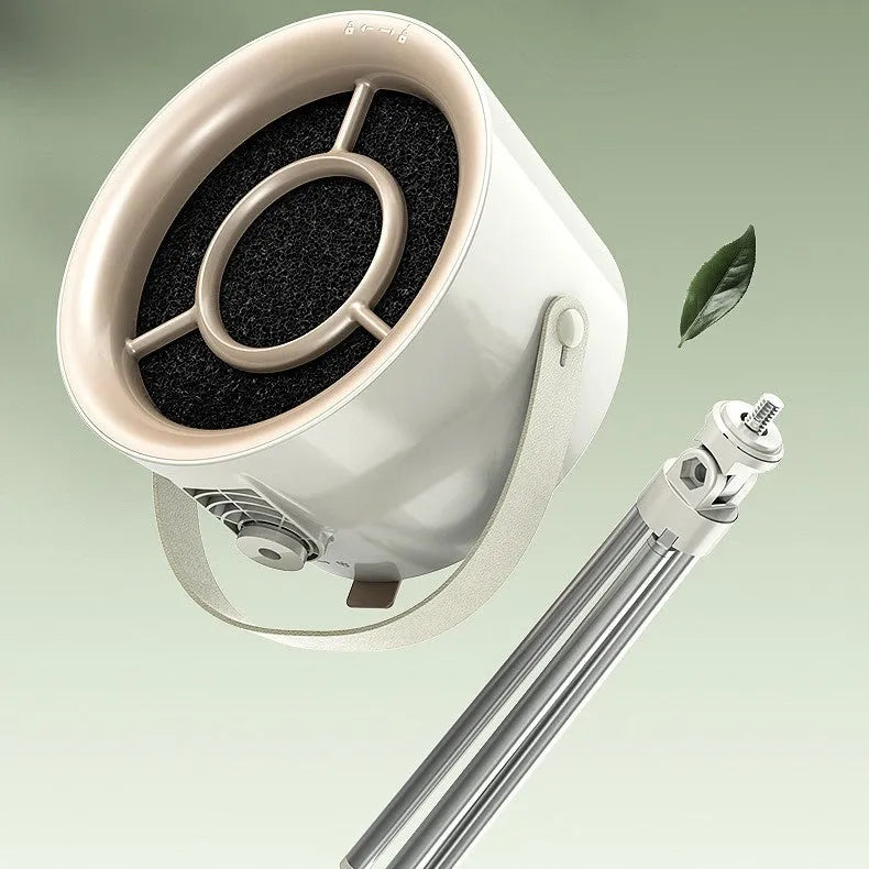 2024 portable desktop exhaust fan in Milky White colour with USB cable and tripod, dimensions 180x108x420mm