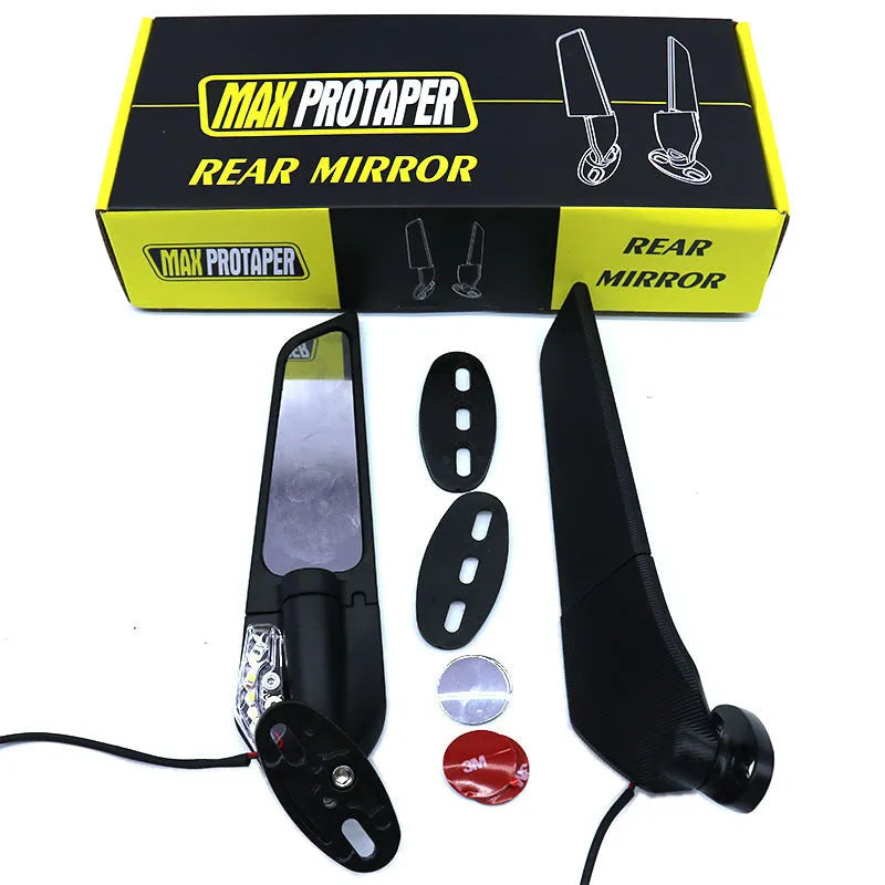 Motorcycle spoiler rearview mirror reflector with yellow light, aluminium alloy housing, and convex glass lens