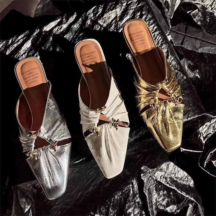 Women's genuine leather half toe cap slippers in gold colour with square head design and low heel