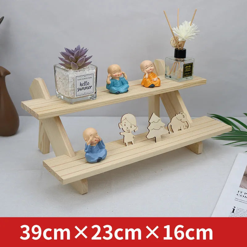 Multi-layer wooden stepped shelf in natural wood or walnut colour, shown in 2 to 5 tier floor-standing versions