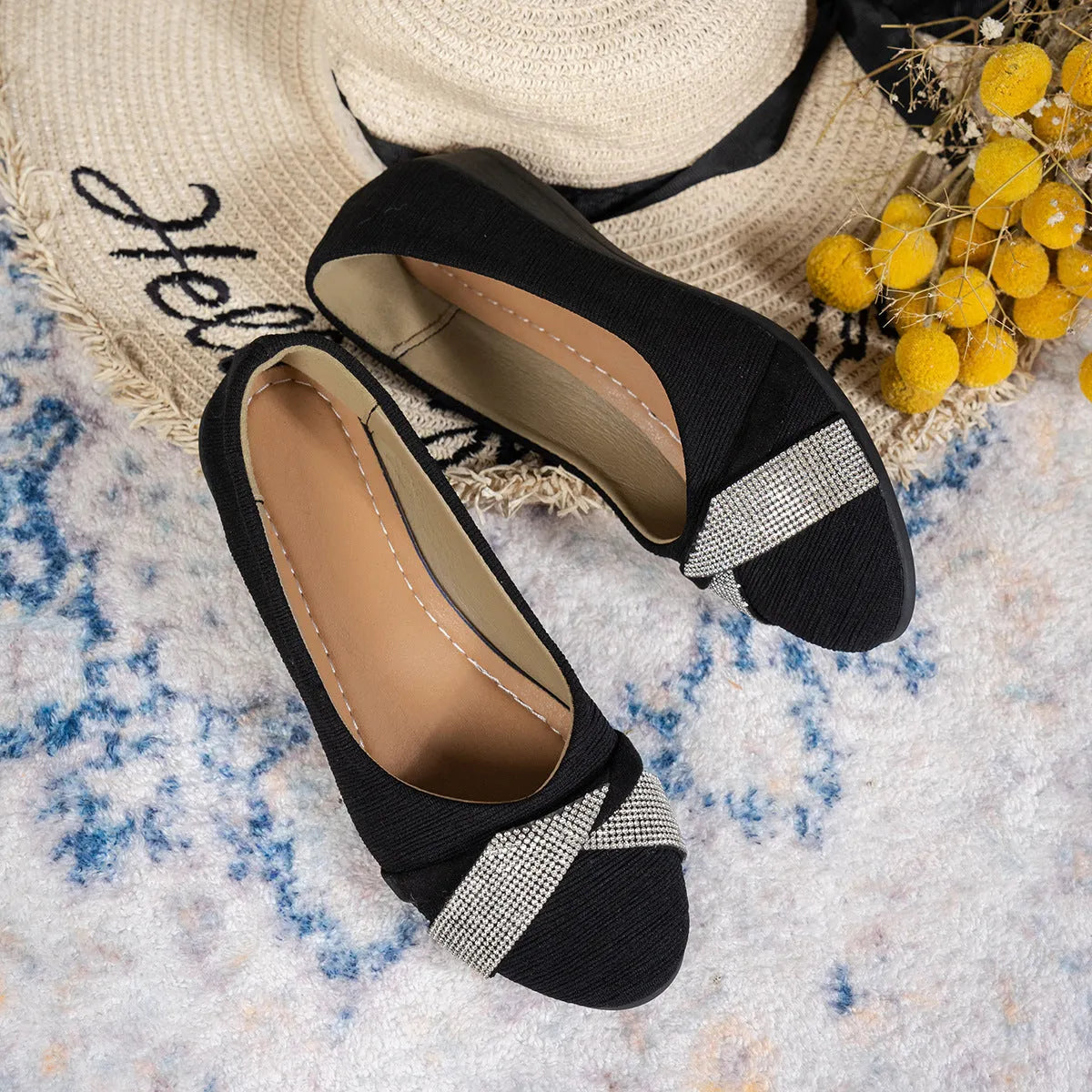 Black women's casual slip-on shoes with rhinestone details and chunky 6-8cm heels