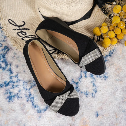 Black women's casual slip-on shoes with rhinestone details and chunky 6-8cm heels