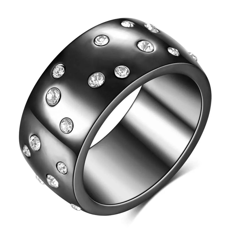 Women's titanium steel couple rings with diamond treatment, starry geometric design in round European and American style, available in black, gold, rose gold, and steel colour, sizes 6 to 12