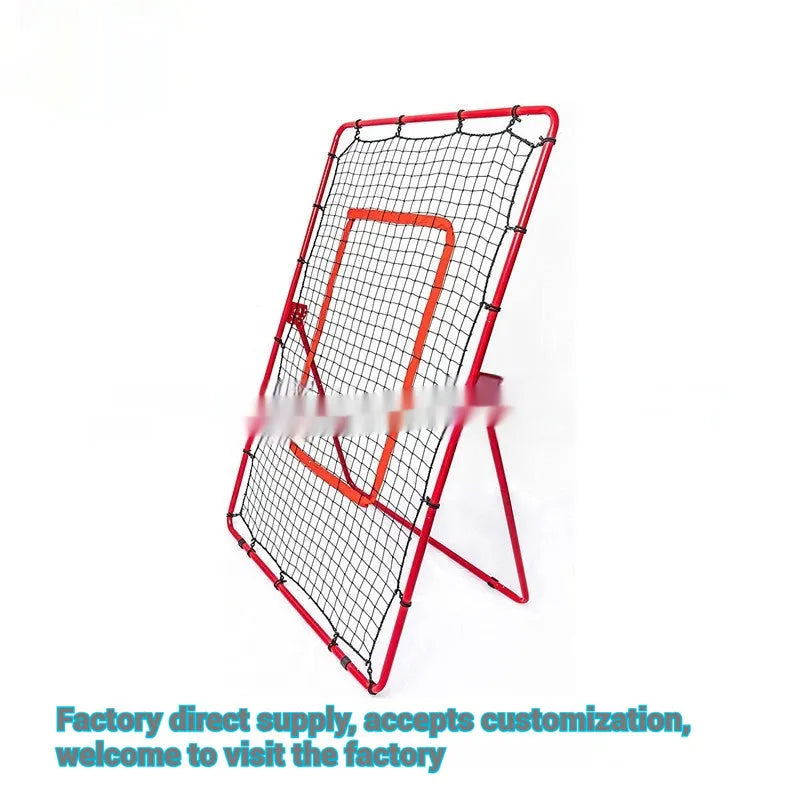 Red adjustable baseball training net with metal frame measuring 4x6 feet for sports practice