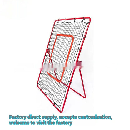 Red adjustable baseball training net with metal frame measuring 4x6 feet for sports practice