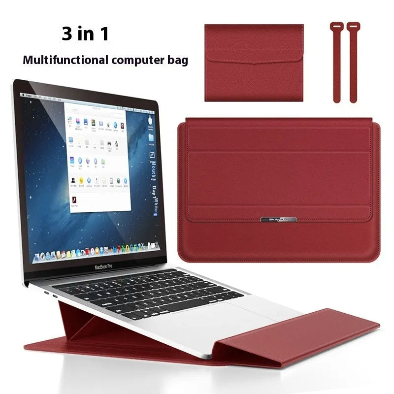 Three-in-one laptop bag in faux leather and plush, shown in black, dark blue, rose gold, grey, dark green, red or camel.