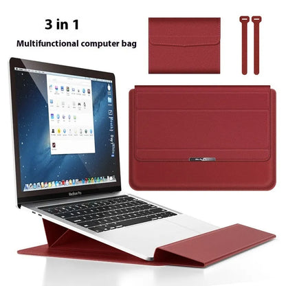 Three-in-one laptop bag in faux leather and plush, shown in black, dark blue, rose gold, grey, dark green, red or camel.