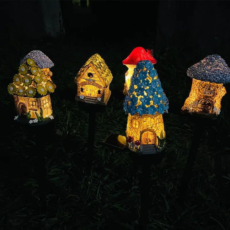 Flower-shaped solar garden light with resin housing for outdoor decorative lighting.