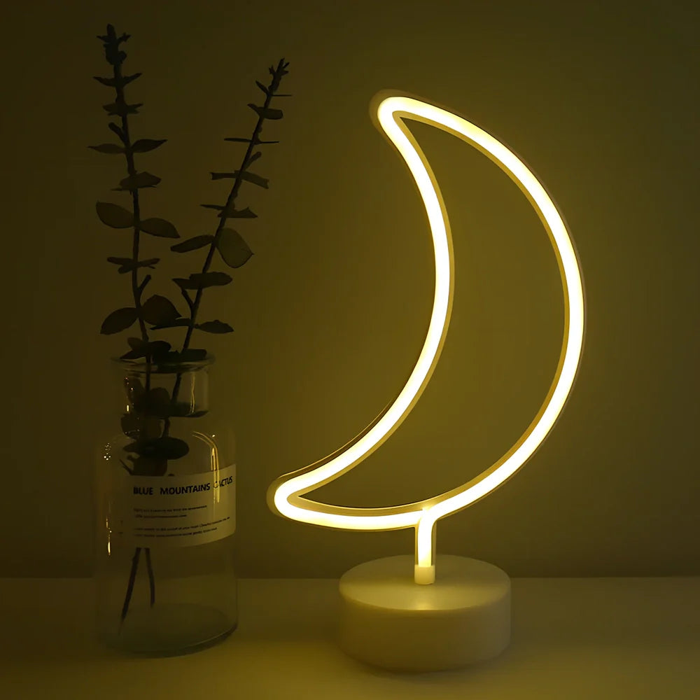 Neon LED wall light with round base showing 2000 lumen brightness and USB battery control option