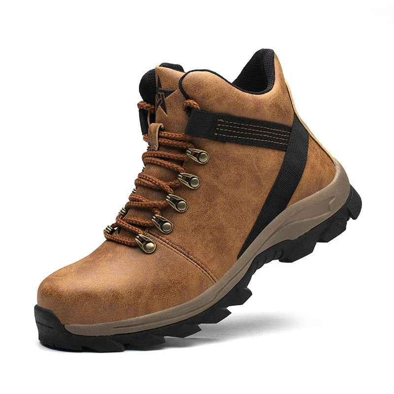 Durable steel-toe work boots with breathable mesh and leather uppers, shock-absorbing midsole, and puncture-resistant outsole