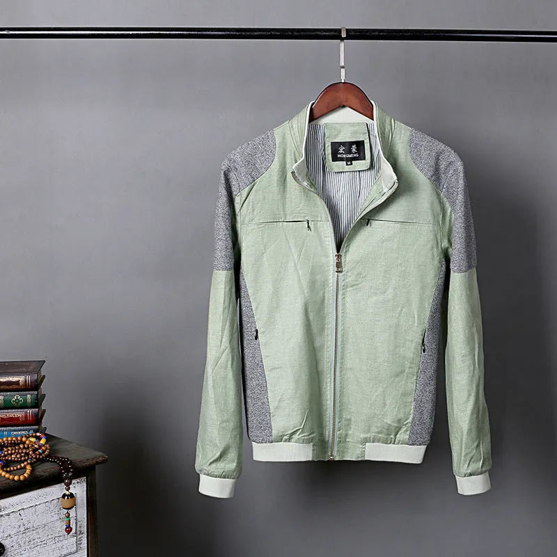 Men's thin linen jacket in cotton, shown in blue, grey, or green, available in sizes M to 6XL.