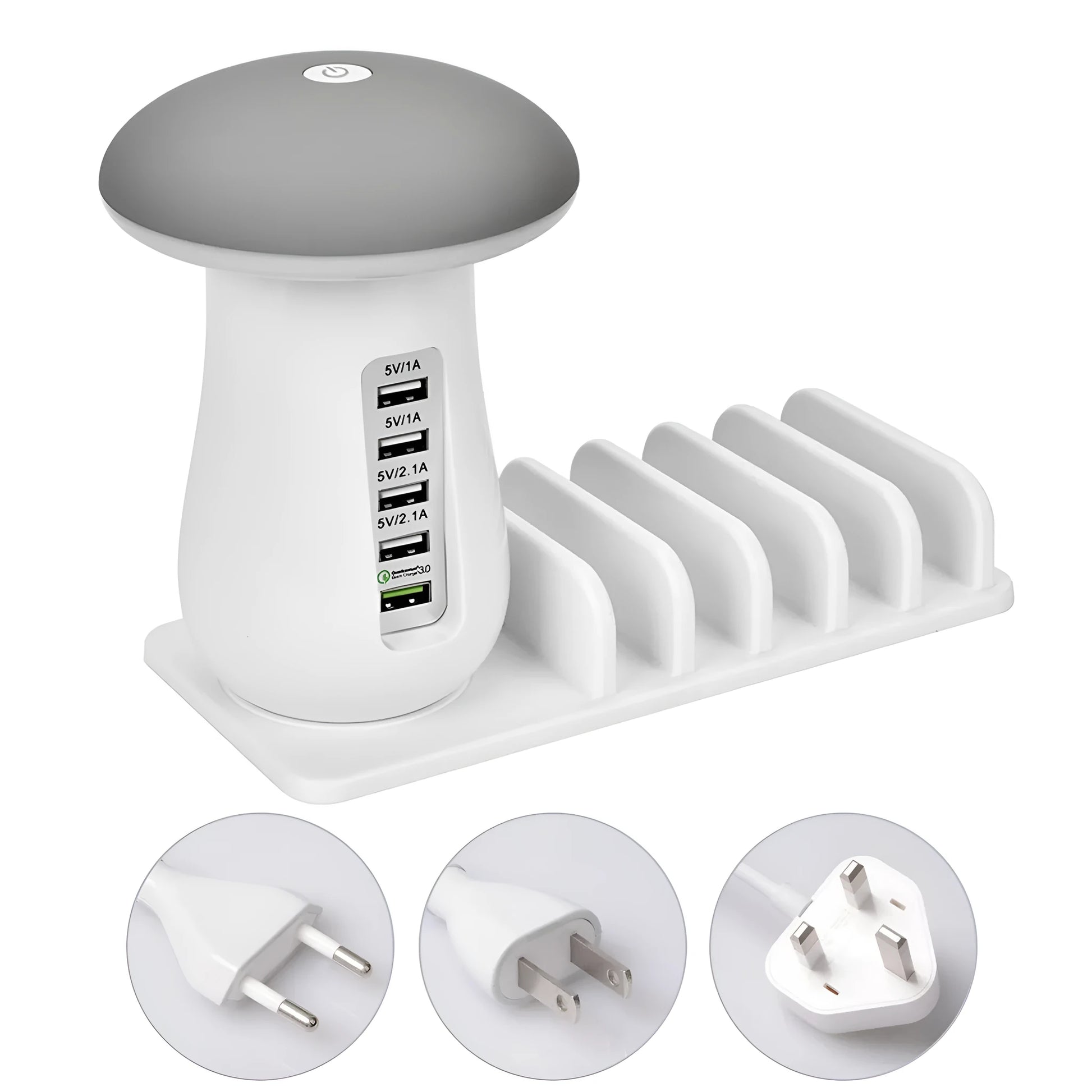 White mushroom-shaped USB charging dock station with 5 ports and an illuminated LED night light on a wooden desk.