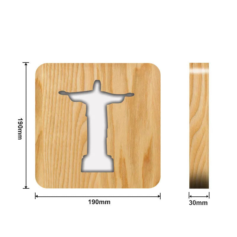 Solid wood hollow night lamp with warm white LED light showing wooden construction and compact dimensions