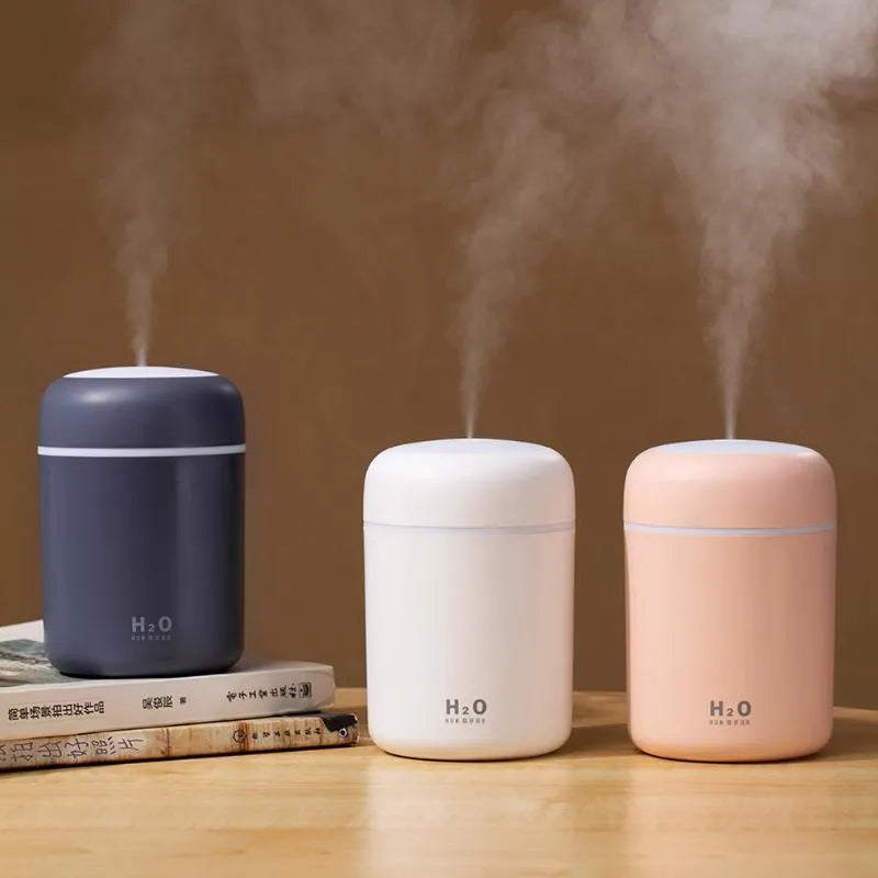 USB desktop humidifier with quiet bedroom mist, large 300ml water tank volume, pink white or navy colour options, compact atomiser for home office car use, two spray modes and LED atmosphere lighting