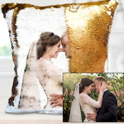 Custom photo sequin cushion cover measuring 40cm square with reversible gold silver luminous surface