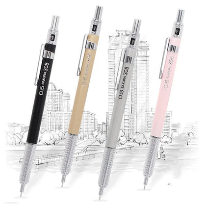 Japanese cherry blossom metal mechanical pencil in gold, silver, black, or pink with 0.5mm or 0.3mm lead options