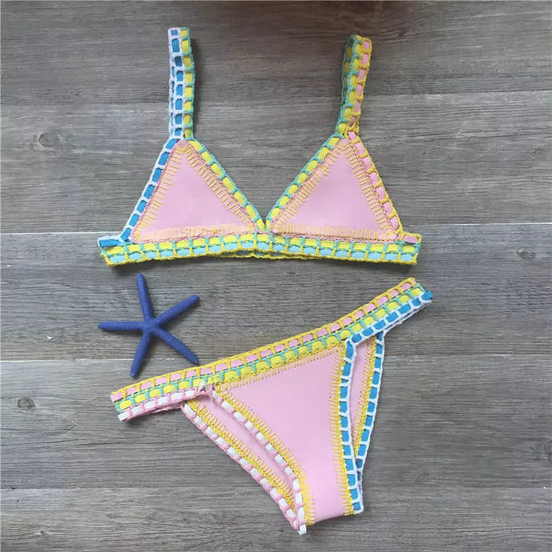 Hand crochet colourful bikini set with spell colour rubber detailing, available in multiple sizes and colours.