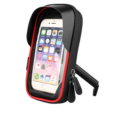 Black TPU mobile phone mount attached to a bicycle handlebar, showing phone inside with touch-through screen.