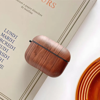 Dark brown wood grain IMD soft shell case for AirPods Pro, clamshell design with precise fit and drop protection