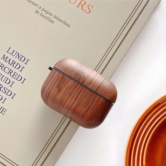 Dark brown wood grain IMD soft shell case for AirPods Pro, clamshell design with precise fit and drop protection