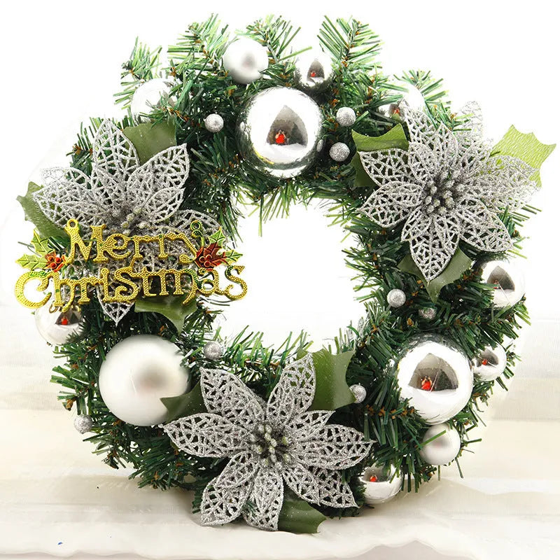 Christmas wreath home decorations for doors, windows, walls, and gardens with 30cm diameter in plastic construction, available in blue, gold, pink, purple, red, and silver multicolour festive designs.