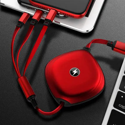 Black telescopic 3-in-1 charging cable with titanium alloy connectors extended on a white background.