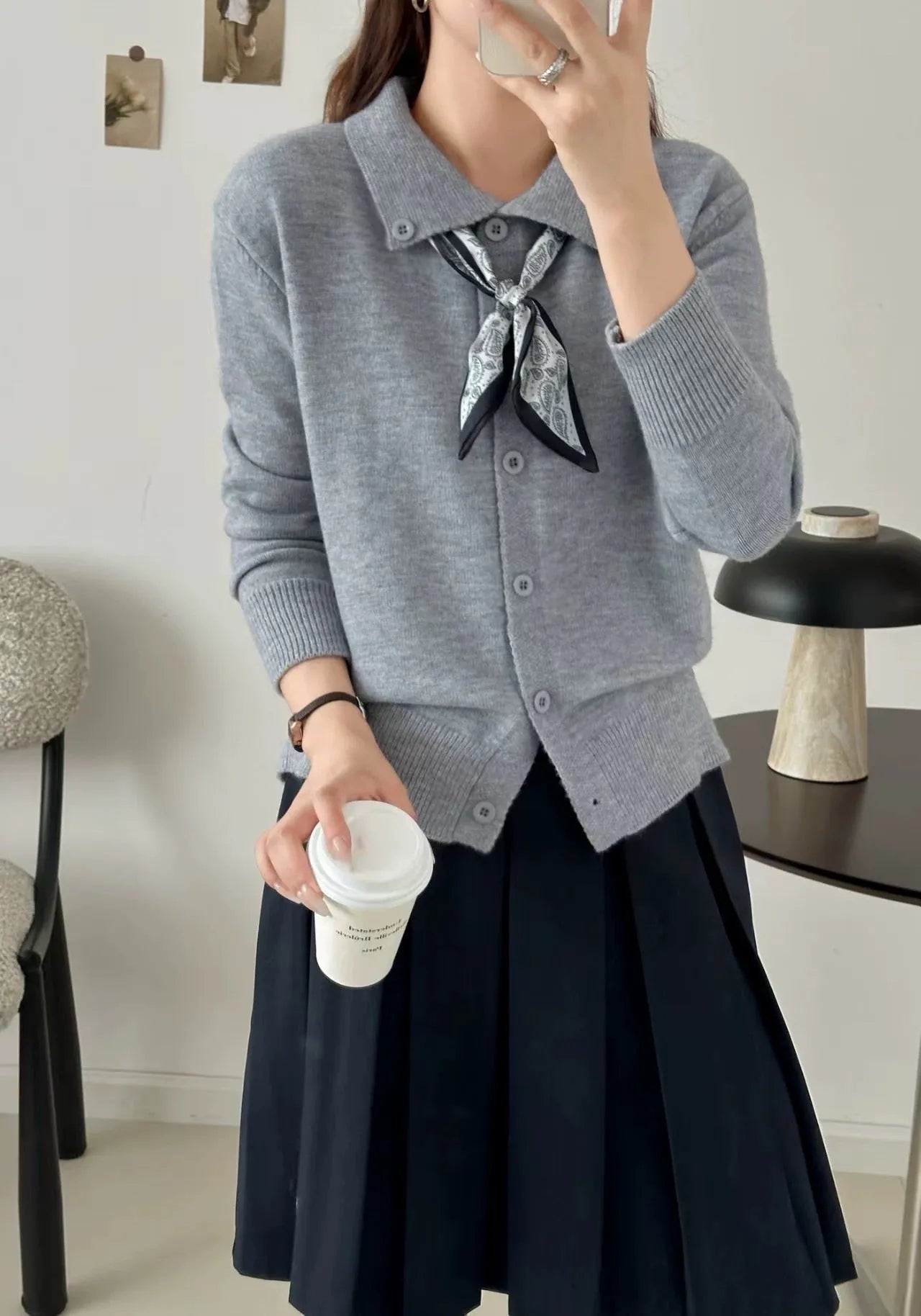 Lazy Fashion grey cardigan sweater with an attached scarf lapel, long sleeves, and an oversized free-size fit.