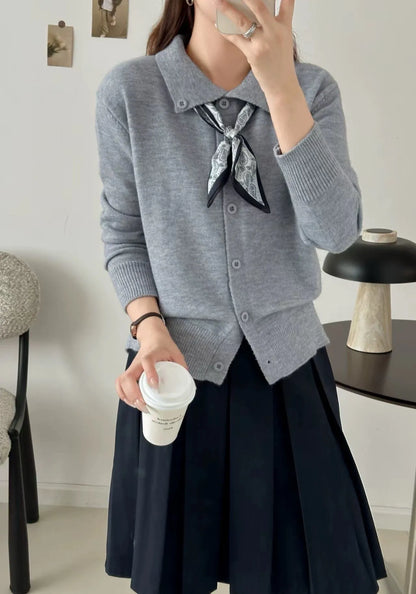 Lazy Fashion grey cardigan sweater with an attached scarf lapel, long sleeves, and an oversized free-size fit.