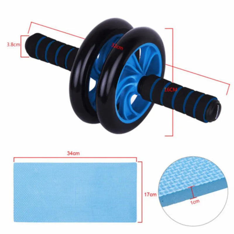 Dark blue double-wheel abdominal roller set with push-up support and palm guard, 16.5cm and 14.5cm rollers