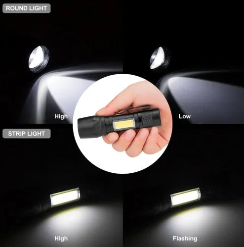 Mini black aluminium alloy telescopic LED flashlight with clip and zoom adjustment