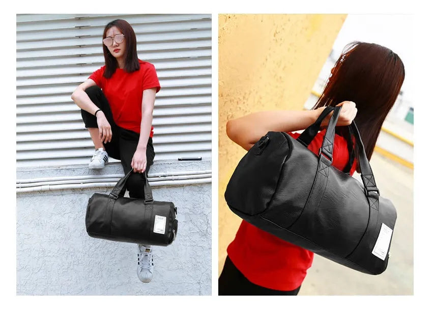 Black waterproof sports bag with separate shoe compartments on the sides, shown with adjustable diagonal strap.