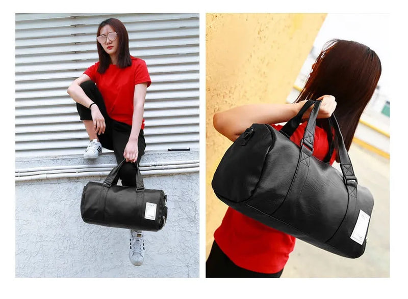 Sports fitness bag for men and women with independent shoe compartments, waterproof PU fabric, adjustable diagonal straps, and two capacity sizes available in black for gym and travel use.