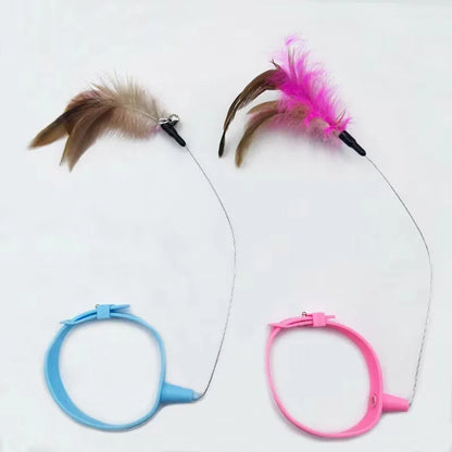 Adjustable cat feather collar toy with silicone teasing wand attached and bell in blue colour
