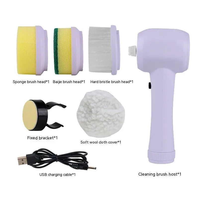 White cordless electric spin scrubber with multiple brush heads on a bathroom tile.