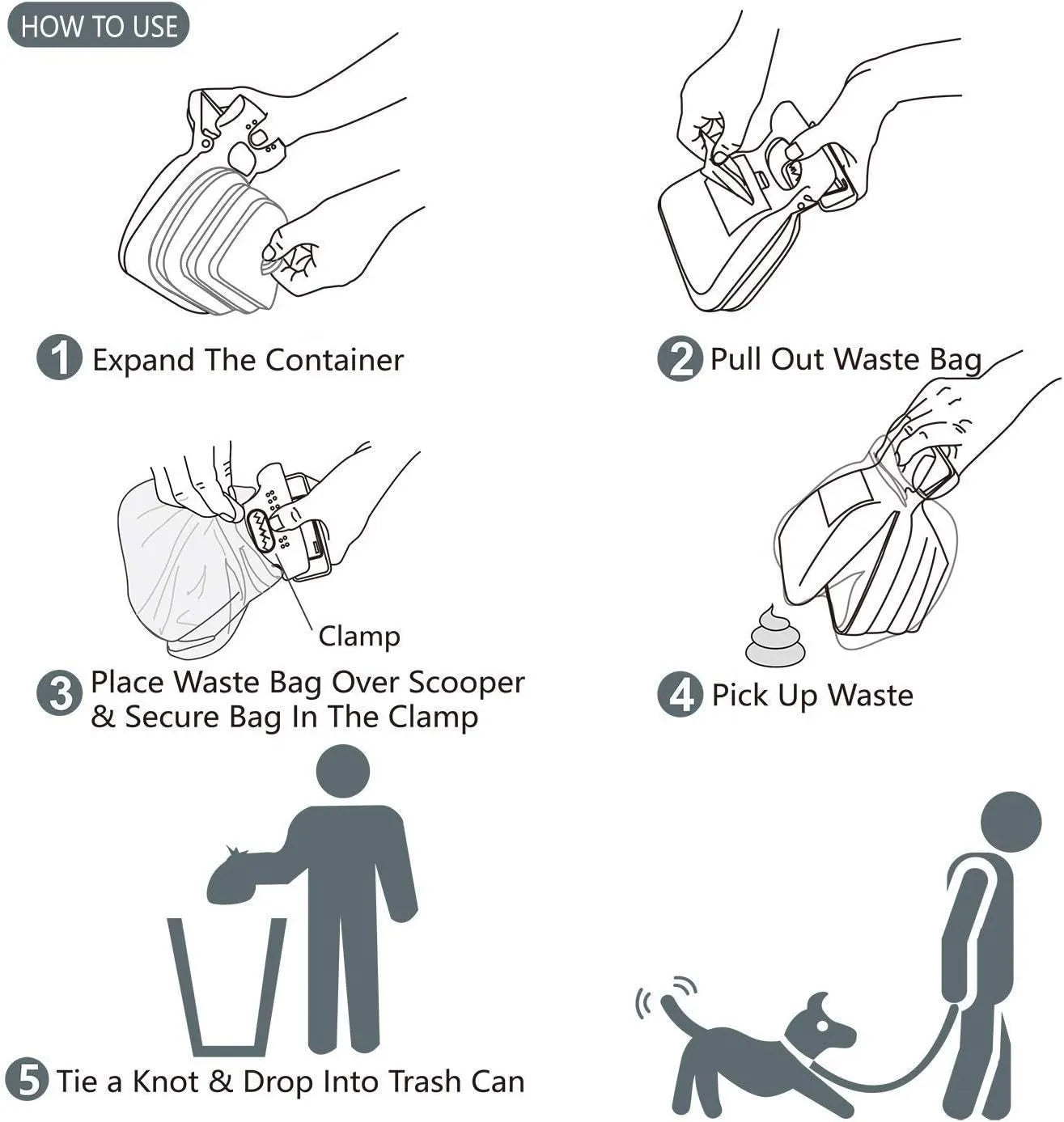 Blue portable dog pooper scooper with carabiner clip and waste bag dispenser, shown next to a waste bag.
