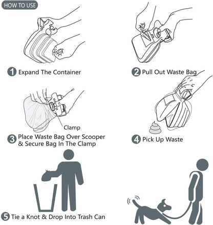 Blue portable dog pooper scooper with carabiner clip and waste bag dispenser, shown next to a waste bag.