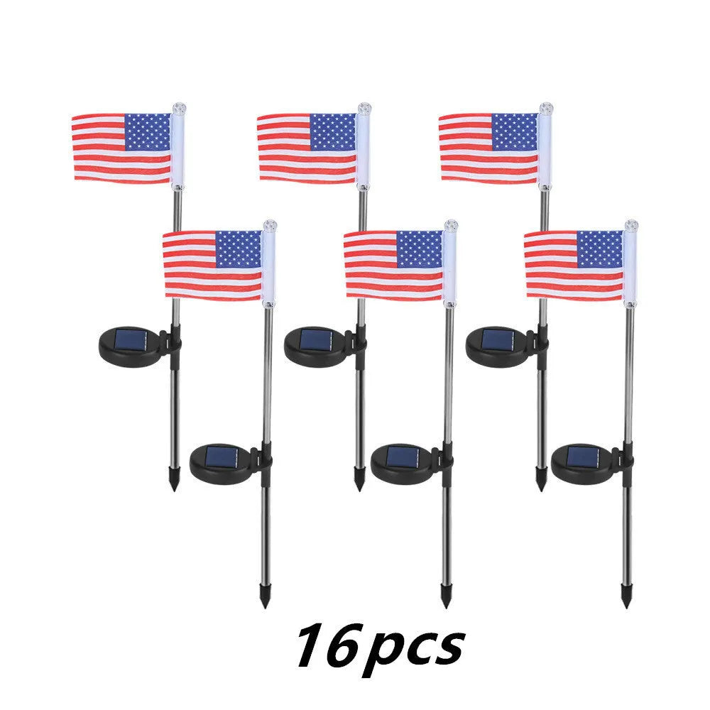 Solar garden flag light with American flag design on stainless steel pole, 34cm tall