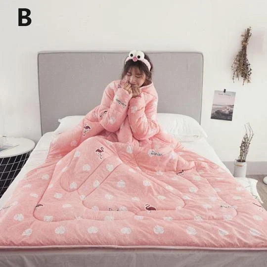 Cozy heated blanket with sleeves for comfortable lounging and hands-free relaxation