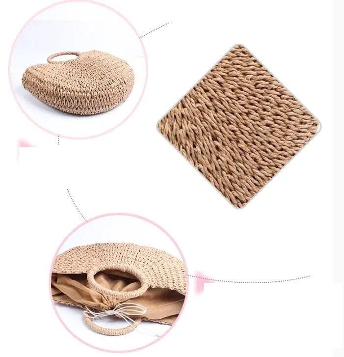 Woven paper rope and straw crescent handbag in natural light brown with hard handle and drawstring closure
