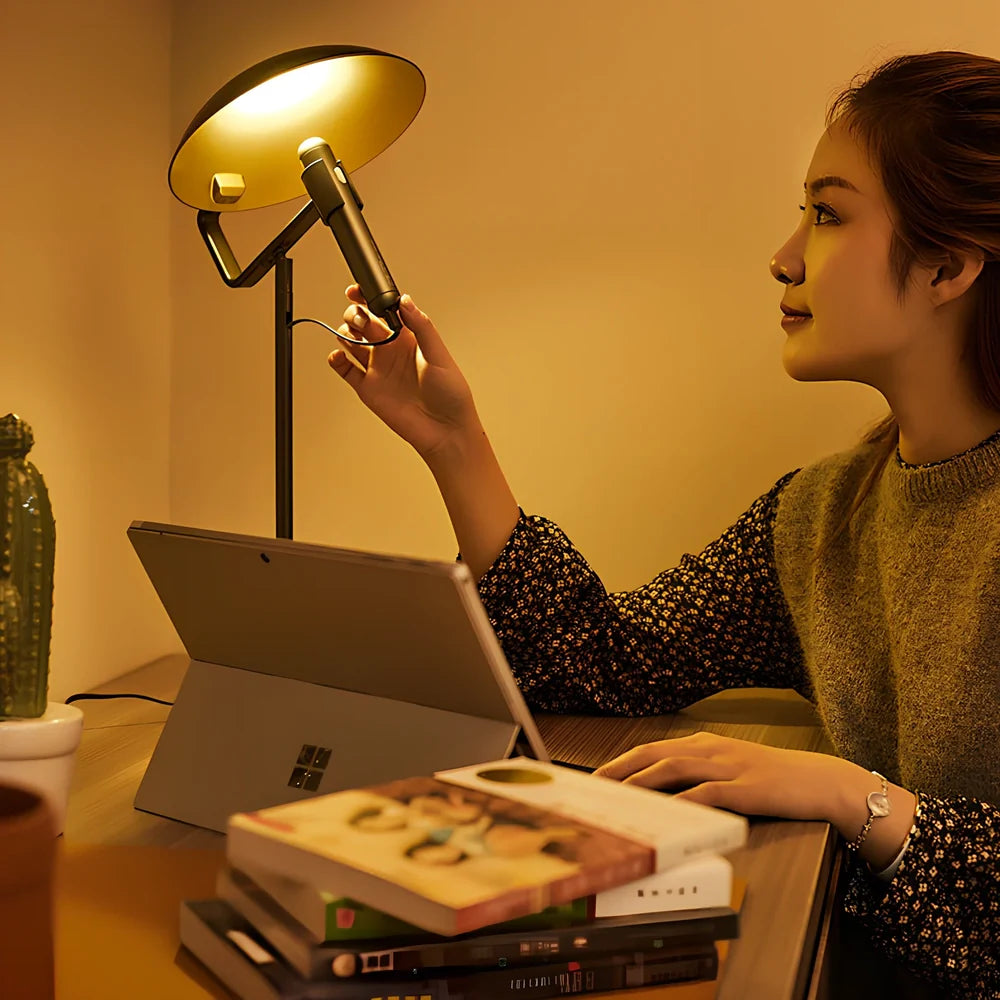 45cm grey USB LED table lamp with metal shade and push button for study room use, 5cm base