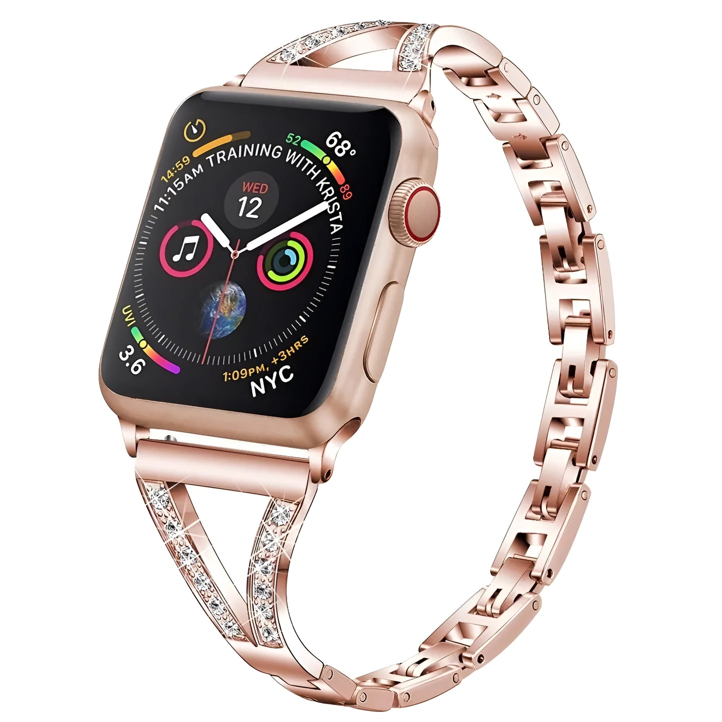 Diamond-studded stainless steel Apple Watch strap in black, gold, pink, rose gold, and white colour options