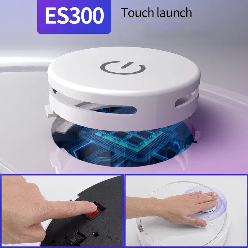 Automatic floor sweeping robot with a 28cm diameter, shown cleaning dust and hair.