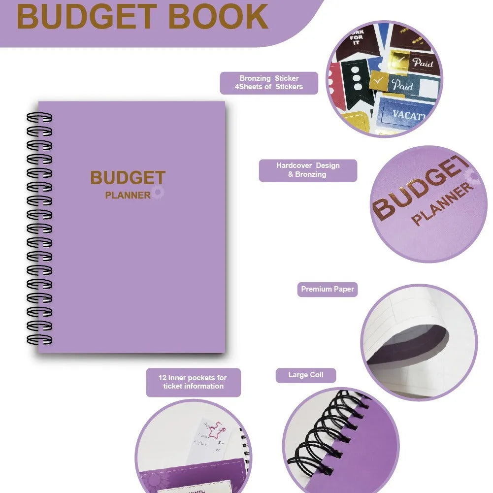 Purple coil-bound A5 budget notebook with pen, stickers and paper clips for financial planning