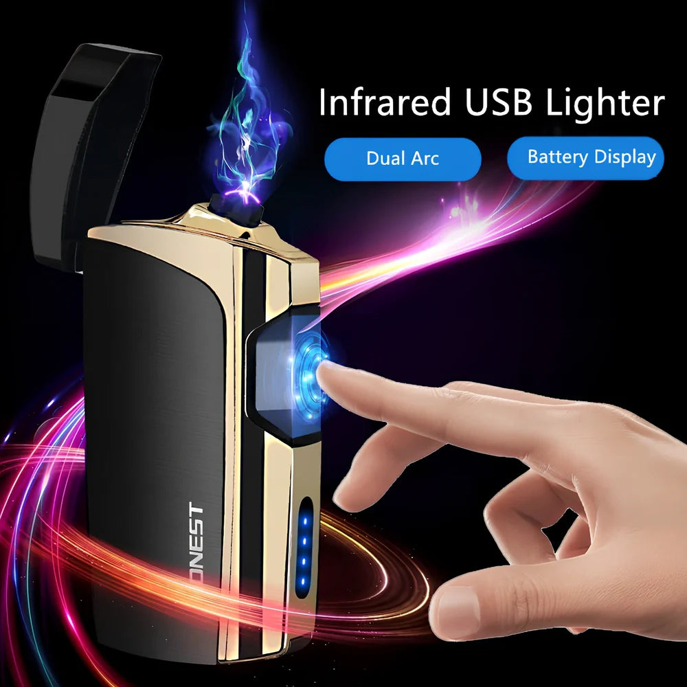 Metal windproof multi-function cigarette lighter showing five colour options and compact 74.6×35.6×17mm dimensions