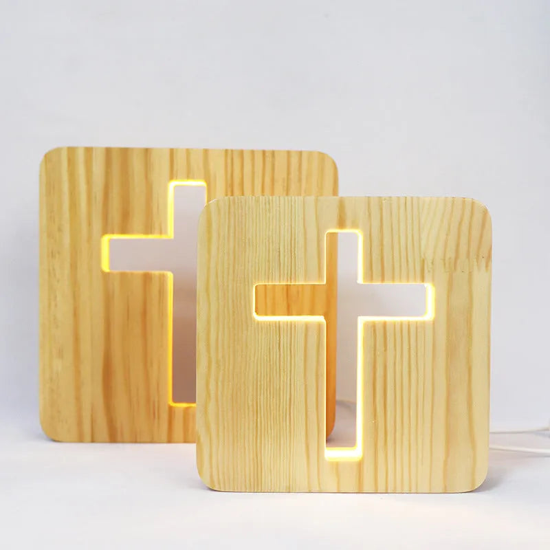 Solid wood hollow night lamp with warm white LED light showing wooden construction and compact dimensions