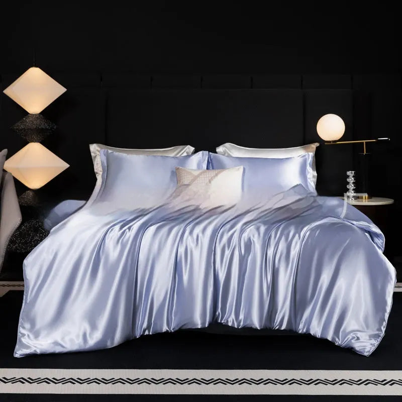 Household Fashion silk bed sheet four-piece set in Ash Purple colour on UK double bed