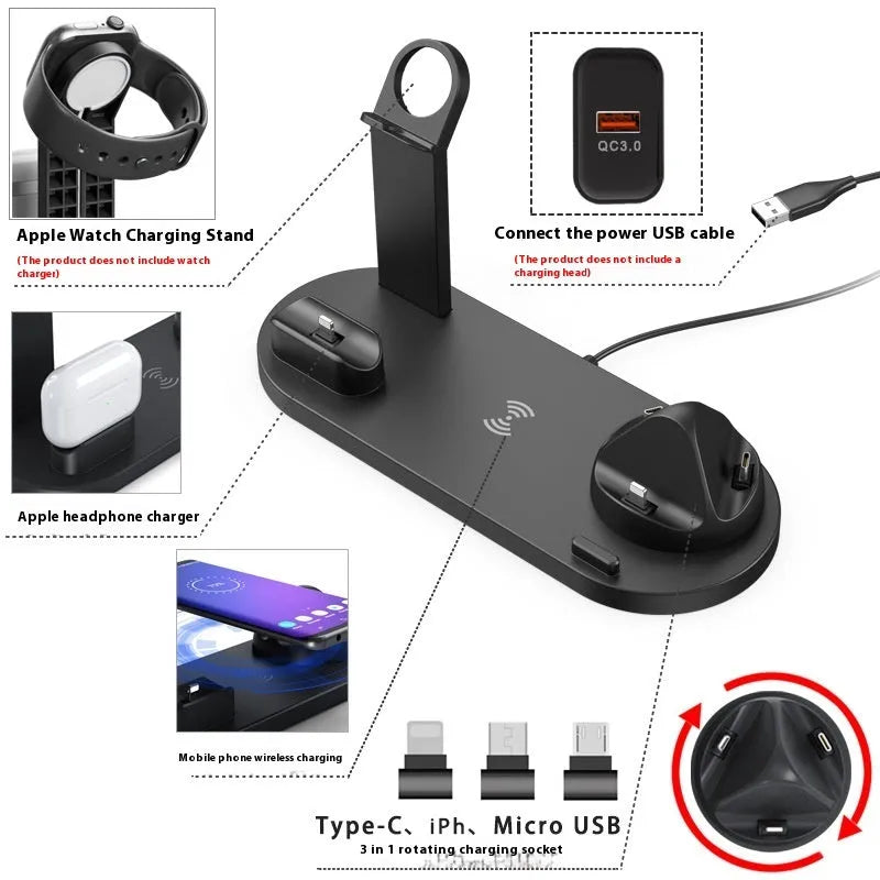 Mobile Phone Wireless Charging Stand with Watch Holder Universal Charger Compatible with 15W Fast Charging Devices in Black White Silver or Rose Gold 230 x 90 x 60 mm Desk Organiser