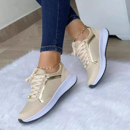 Women's lace-up sports sneakers with breathable mesh upper in black, white, and apricot