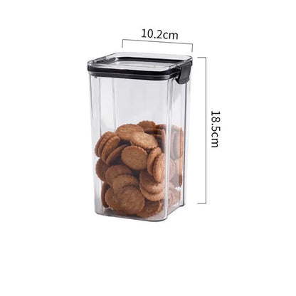 Transparent square grain storage container with black lid in multiple capacity sizes