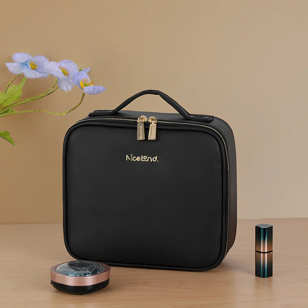 Large cosmetics bag with LED mirror light in black, measuring 26cm wide with USB charger